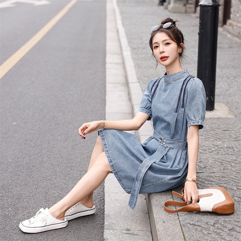 时尚牛仔连衣裙显瘦修身夏季必备单品,女装连衣裙,秋水欣儿