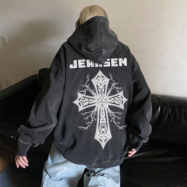 美式复古大码卫衣十字架印花连帽情侣外套JK23385特p53-控88,女装短外套,星座605(原A050)