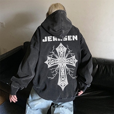 美式复古大码卫衣十字架印花连帽情侣外套JK23385特p53-控88，女装短外套，星座605(原A050)