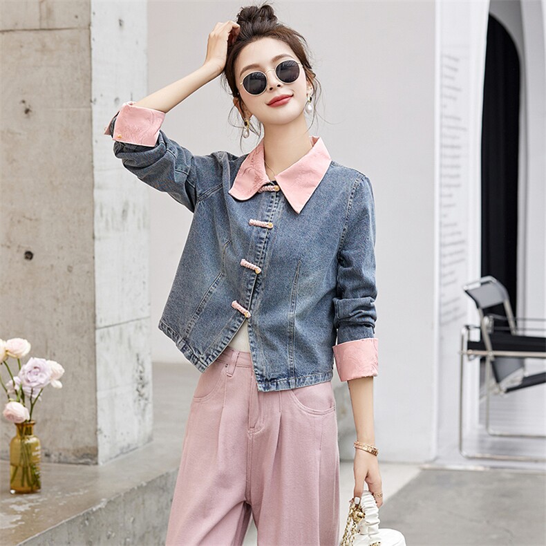 新中式盘扣牛仔拼接外套女春季2024新款小个子短款牛仔外套，女装牛仔外套，涵墨