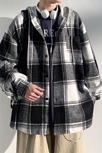 特批P38无差价25春款呢料格子磨毛连帽衬衫男宽松衬衣外套J25858图片