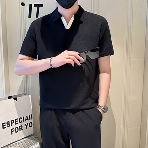 店主风社会小伙男士拼色V领POLO衫男休闲T恤301A-1/PL105/P48图片