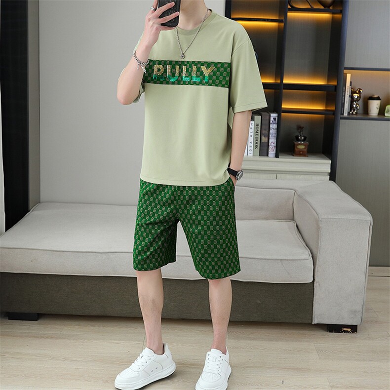 新款短袖t恤套装男夏季薄款休闲运动服潮牌印花华夫格短裤两件套,男装休闲套装,星座1801