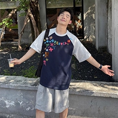 抖音得物高品质二开240克宽松纯棉美式潮牌插肩袖拼接短袖T恤，男装T恤，电商A486