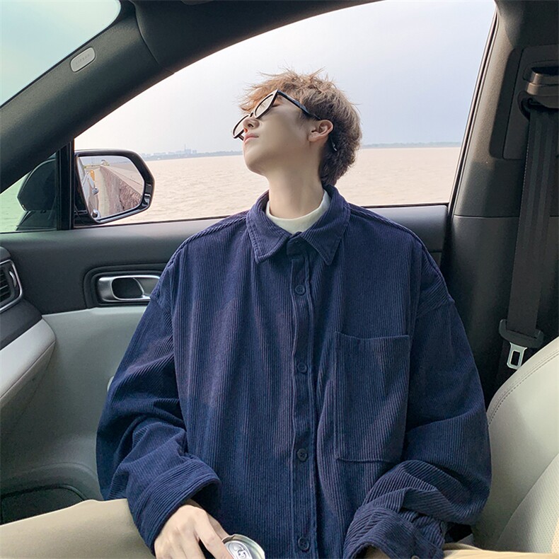 8XL-M灯芯绒衬衫特大码复古秋冬翻领长袖上衣纯色外套CS9001/P58,男装衬衫,电商B238