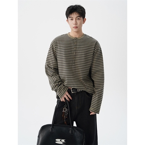 纯棉条纹长袖T恤男女装宽松长袖亨利衫松弛慵懒感情侣装CX3002P58图片
