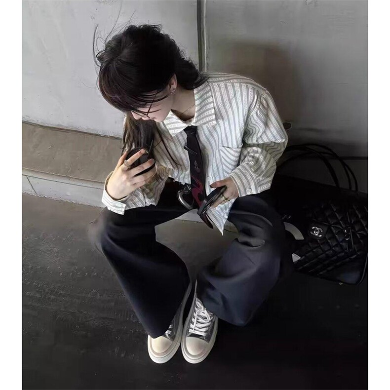 美式潮牌高街复古泡泡纱竖条纹日系肌理长袖衬衫男女休闲宽松衬衣,男装衬衫,电商A486