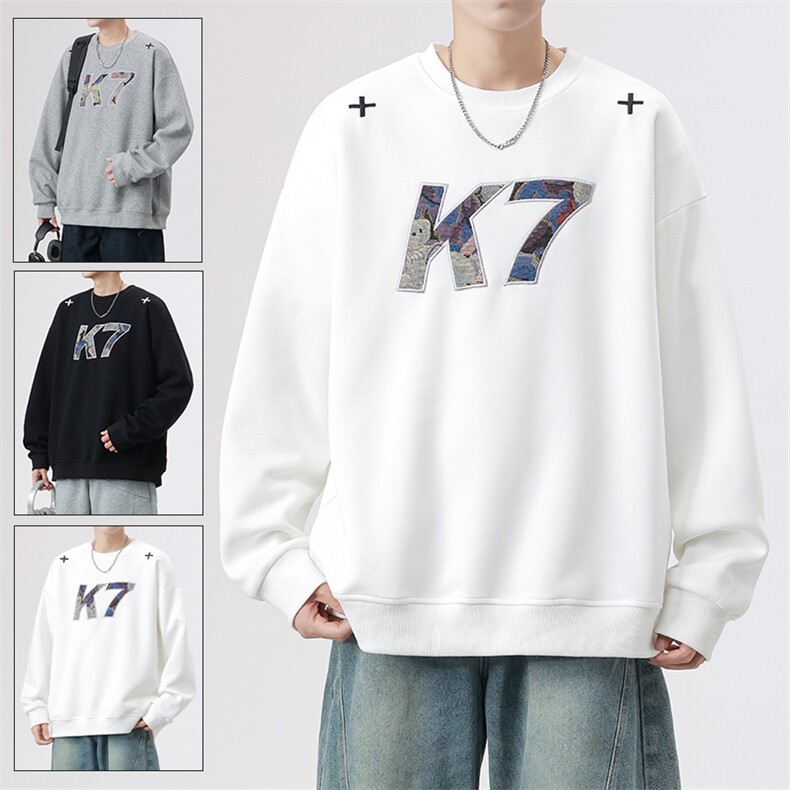 特批P38无差价K7字母贴布刺绣420g重磅华棉休闲大码卫衣男W5426,男装卫衣,电商A001-1