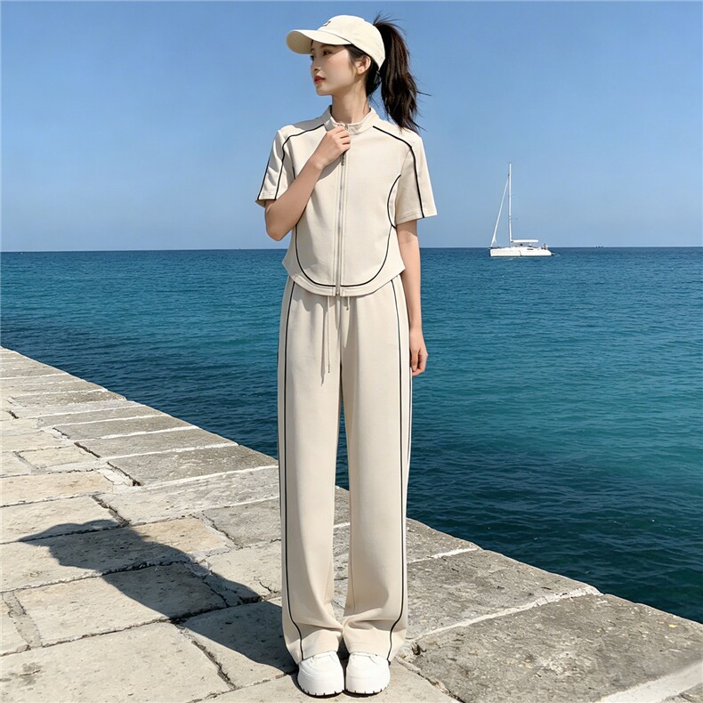 时尚休闲套装女夏新款修身显瘦条纹拼接立领开衫上衣阔腿裤两件套,女装套装/套裙,江南