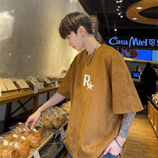 WASSUPHAPPY重磅麂皮绒r星t恤男夏季美式潮牌短袖高街五分袖衣服，男装T恤，电商B371