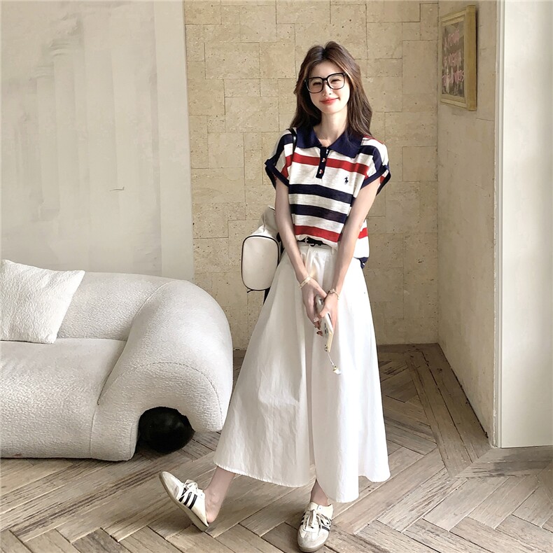 夏季新款减龄休闲短袖套装气质显瘦拼接中长款裙子两件套女装，女装套装/套裙，维壹