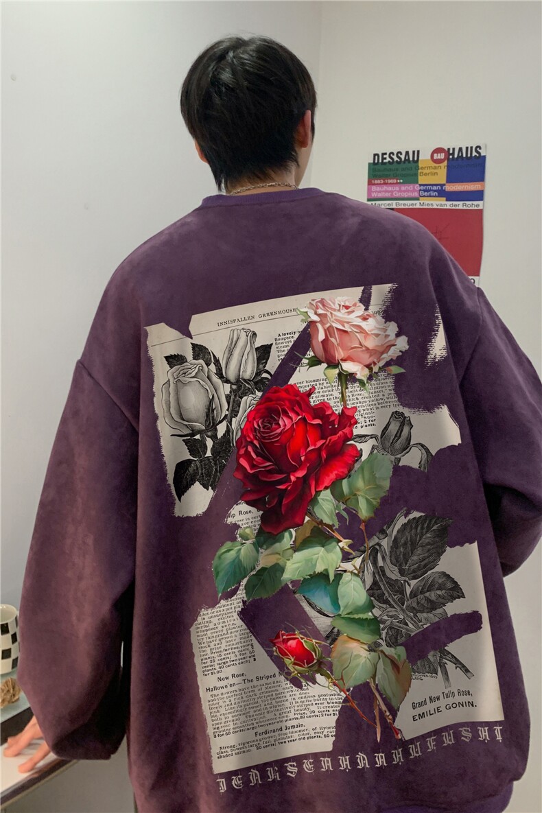 港风秋季新款复古玫瑰宽松休闲落肩袖卫衣JK23388特批36-控59,男装卫衣,星座605(原A050)