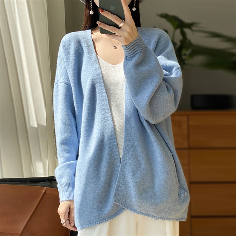 V领100%纯羊毛开衫女秋冬新款宽松慵懒风无扣羊绒衫针织外套毛衣,女装羊毛衫,冀清阳荣