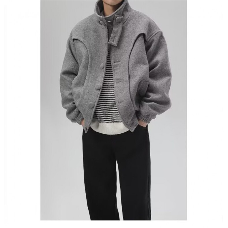 J9784-P112美式复古重磅高级感宽松痞帅立领毛呢外套，女装短外套，星座617A-2