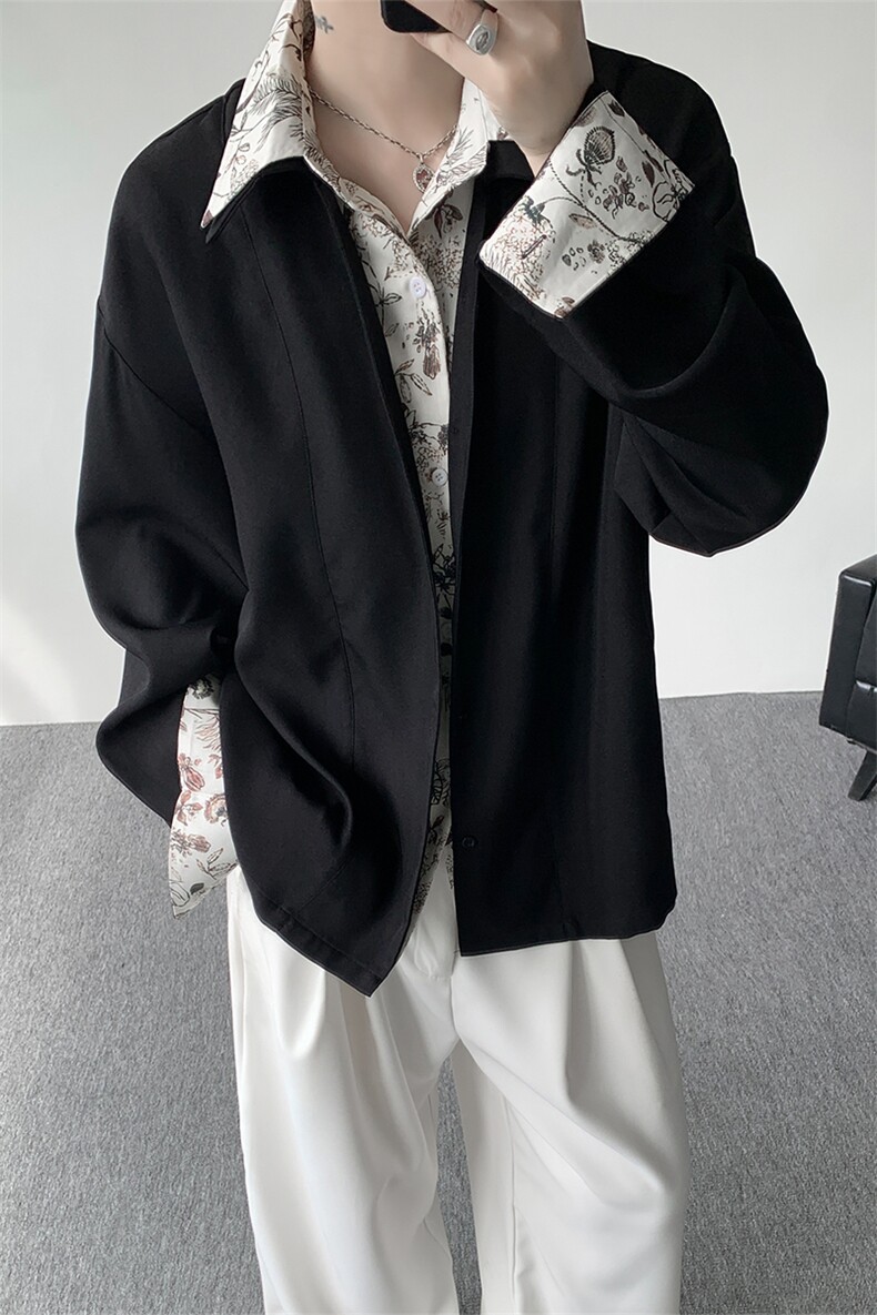 潮流休闲花卉印花领翻领假两件休闲长袖衬衫上衣男潮P55,男装衬衫,电商B319