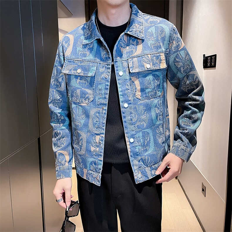 痞帅小伙2025春季新款个性提花印花图案水洗男士牛仔夹克外套,男装夹克,电商A225