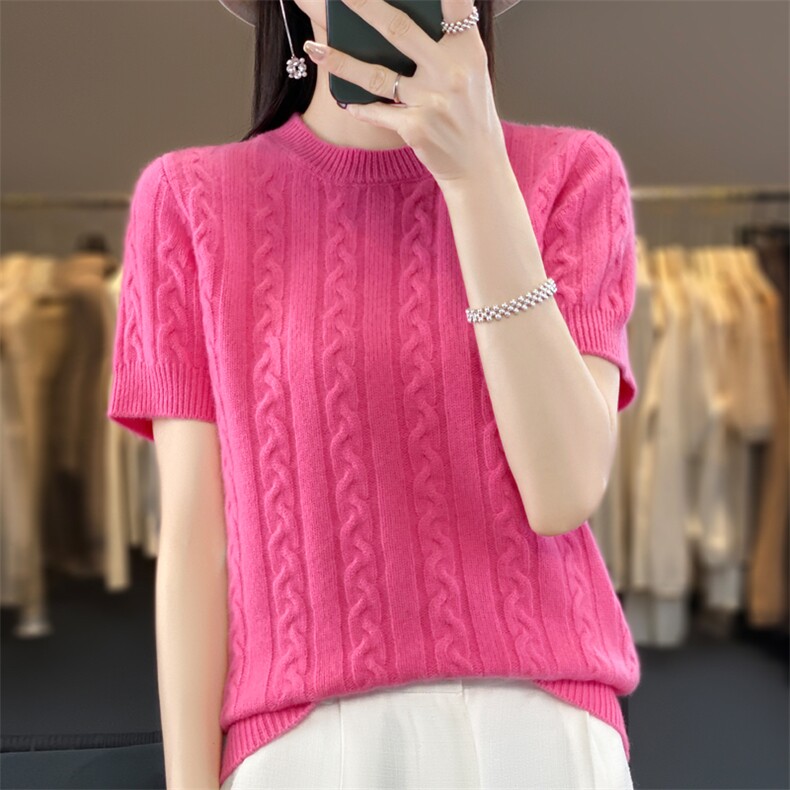 2023秋季新款圆领套头羊毛短袖女士纯色减龄气质百搭时尚毛衣,女装T恤,鹿一羊绒
