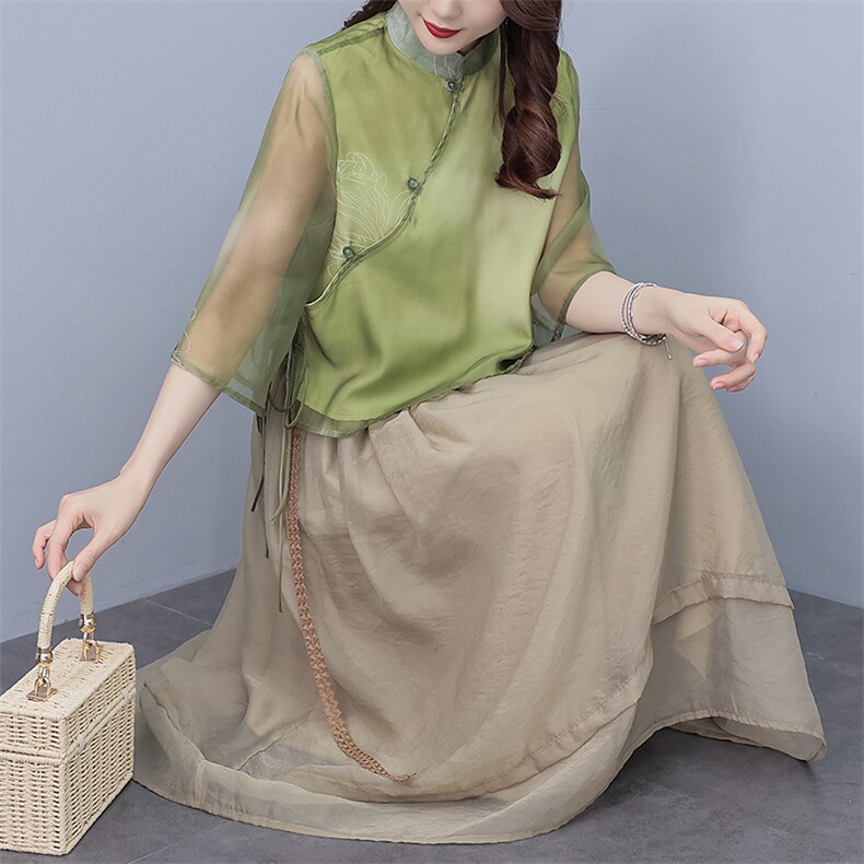 芷墨超仙小洋装新中式俩件套套装茶服改良汉服上衣半身裙俩件套女,女装套装/套裙,芷墨服饰