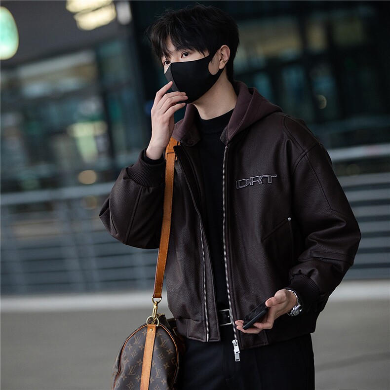标50绒街拍男士连帽可拆卸PU皮羽绒服保暖外套B338-5066-P275,男装羽绒服,电商B338