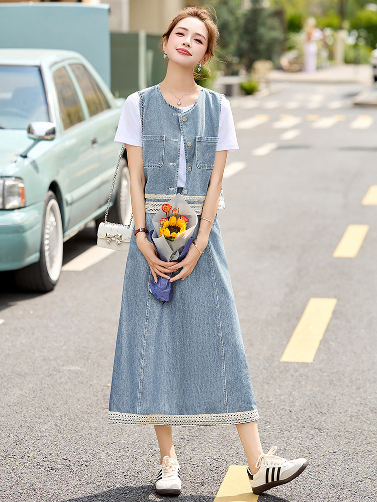 时尚蕾丝拼接牛仔马甲套装女2025年夏季新款洋气减龄半裙三件套,女装套装/套裙,贵人树