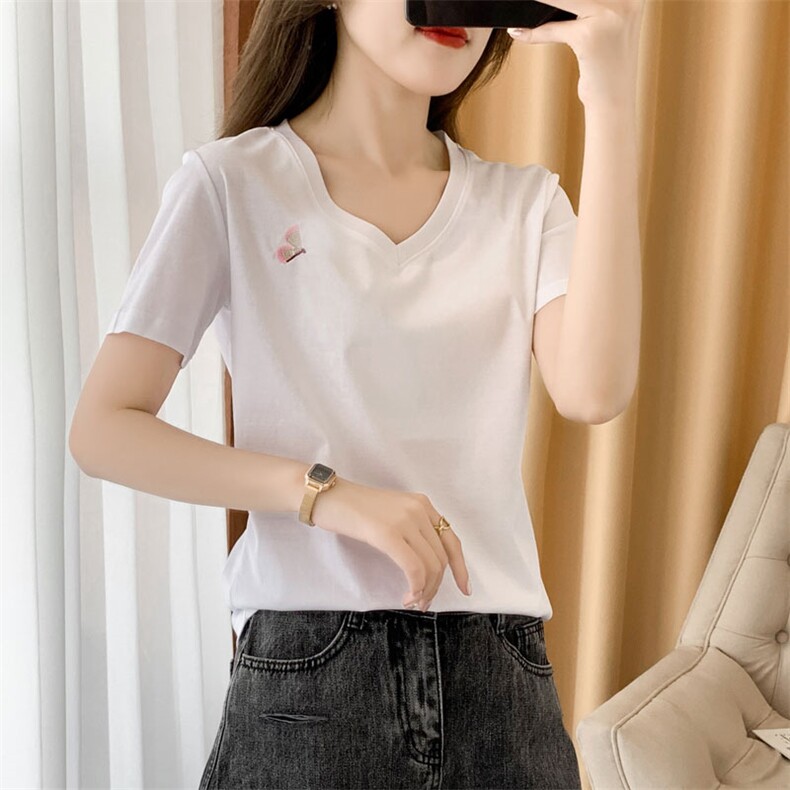 【刺绣款】80支新疆长绒棉丝光棉T恤女V领纯棉短袖纯色打底，女装T恤，元素羊绒