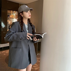 灰色后开叉小众设计感西装外套女2023春秋新款韩系小个子宽松西服，女装西装，菡迪欧娜