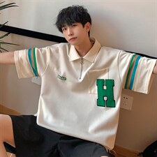 2023夏新款港风撞色印花宽松显瘦短袖T恤上衣POLO衫T2228-P58，男装T恤，星座914-3