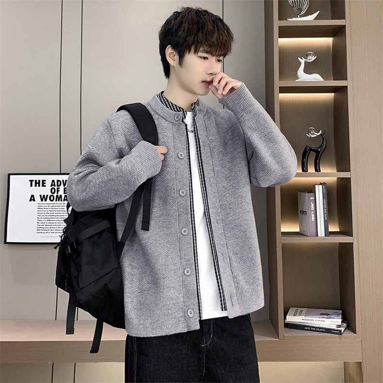 【抖音得物】2025秋季时尚毛衣针织开衫圆领男假两件长袖，男装针织衫/毛衣，电商A113