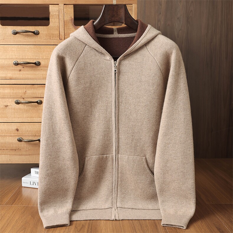 2025年秋季新款百搭男士双色空气层帽衫，男装羊绒套衫，榆莲羊绒