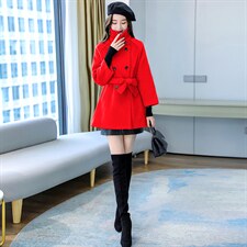 现货2021年冬季双排扣中长款立领九分袖纯色简约时尚减零呢子大衣，女装毛呢外套，丽美静依