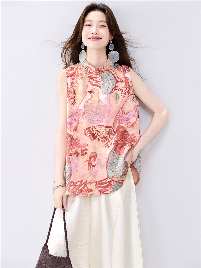 夏季新款现货！2026新中式洋气撞色印花上衣+宽松阔腿裤两件套装,女装套装/套裙,宝儿家