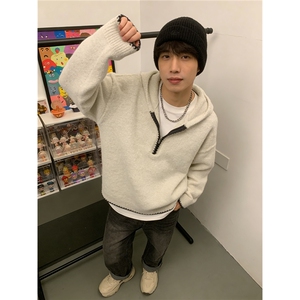 美式半拉链连帽套头针织衫秋冬外穿慵懒风宽松帽衫毛衣潮MY9588