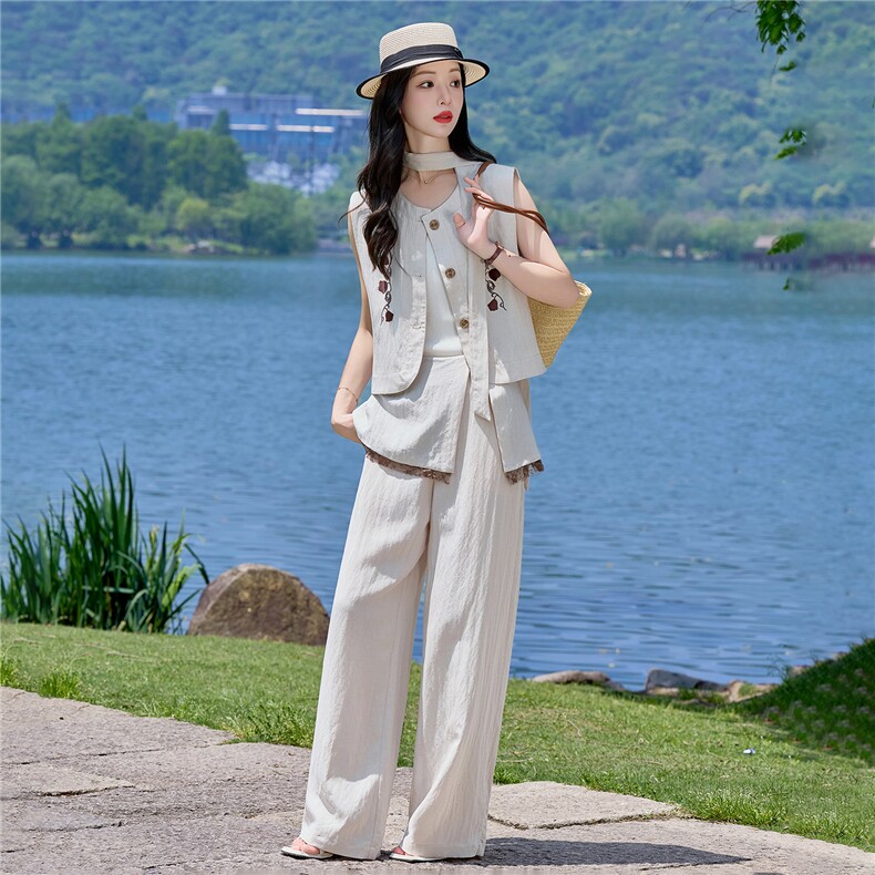 （新款现货）2026夏装时尚莱赛尔蕾丝刺绣马甲+屁帘阔腿裤两件套,女装套装/套裙,印象茜