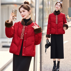 新中式复古鹅绒服2025冬季新款气质过年红色刺绣提花高端保暖外套图片