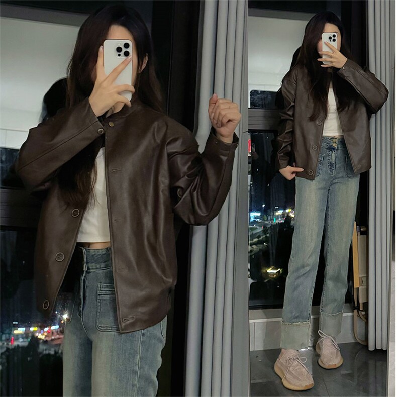 复古棕短款皮衣外套女美拉德高级感立领PU机车夹克C845-P110,男装夹克,星座911-2(原星座613-2）