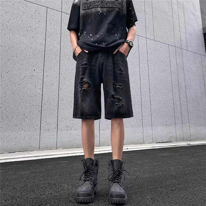 破洞牛仔短裤男士韩版潮流高街夏季2024新款ins五分裤RK1794-P38图片