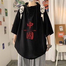 LD54198-P45连帽短袖t恤男大码胖子带帽五分袖中袖，男装T恤，电商A040