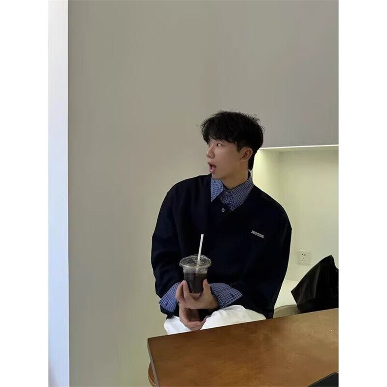 情侣款华棉复合翻领纯色拼接格子衬衫假两件卫衣男网图WY207-P55,男装卫衣,星座302B