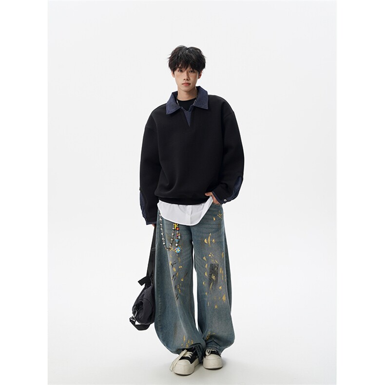 8XL-M美式拼接新款翻领高级感衬衫领运动上衣长袖卫衣男WY26P68,男装衬衫,电商D206-1