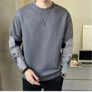 25港风拼接卫衣男春秋新款帅气圆领条纹衬衫袖上衣青年休闲打底衫图片