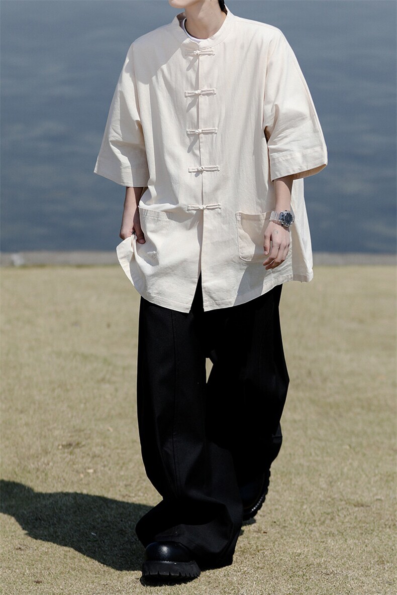 8XL-M新中式衬衫男中山装麻棉风复古中袖衬衣唐装CS527P60,男装衬衫,电商D206-1