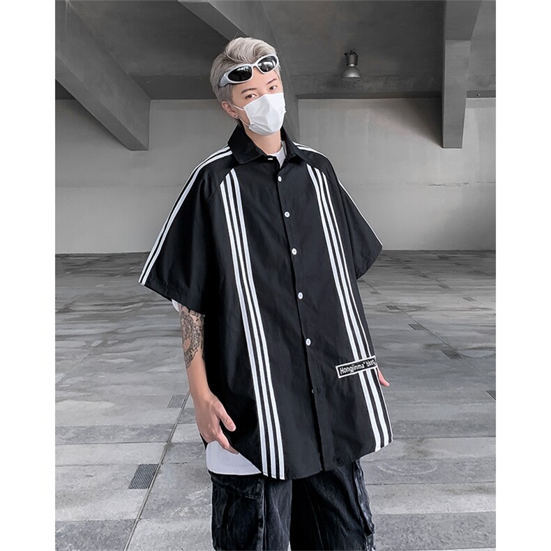 夏款男短袖衬衫字母印花三条杠条纹宽松短袖衬衣C3 P40图片