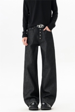 五连扣丹宁脱浆原牛色牛仔裤男美式高街潮牌阔腿宽松休闲裤KZ097，男装牛仔裤，电商B312