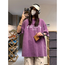 中性风水洗做旧美式夏季T恤男女学院风学生短袖翅膀印花，男装T恤，电商C306-1