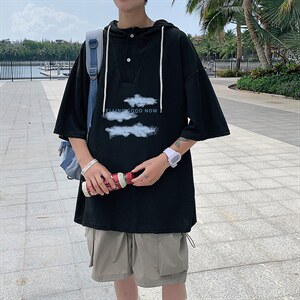 LD54143-P45 连帽短袖t恤男大码胖子带帽五分袖中袖图片