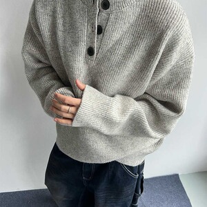 灰色复古亨利领毛衣男秋冬慵懒风cleanfit针织衫外套 MF10图片