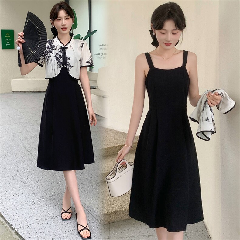 2025夏季新款时尚优雅风范复古盘扣两件套连衣裙，女装连衣裙，超帛