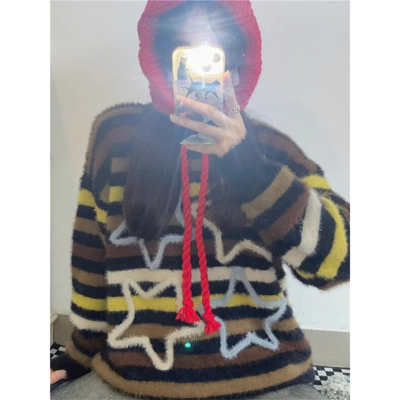 秋冬季流行洋气可爱彩色条纹套头毛衣女时尚甜美针织衫设计感上衣,男装针织衫/毛衣,星座506A