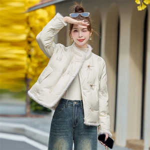 新中式国风盘扣羽绒服女2026冬新款水貂毛拼接刺绣气质白鸭绒外套图片