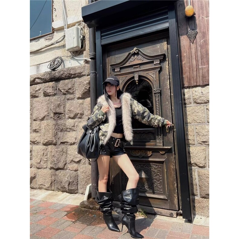 美式复古大毛领迷彩连帽棉服男女新款冬季设计感短款棉衣外套,男装棉衣,星座410-6（原星座1304-1）